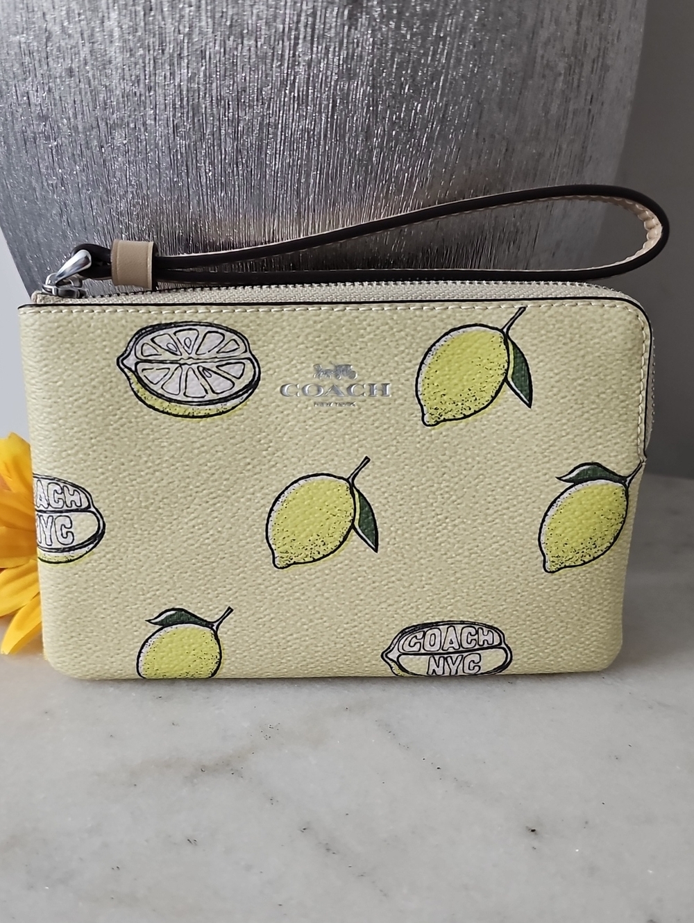 Coach Corner Zip Wristlet With Lemon Print